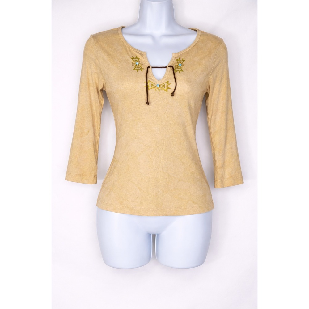 Language‎ Boho Embroidered Top Tie Neck 3/4 Sleeve Size S Y2k Western Earth tone